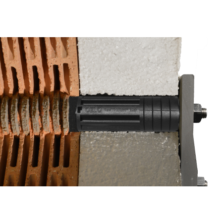 Application image of distance mounting system ResiTHEM: Facade section shows the product, insulation and perforated brick from the side