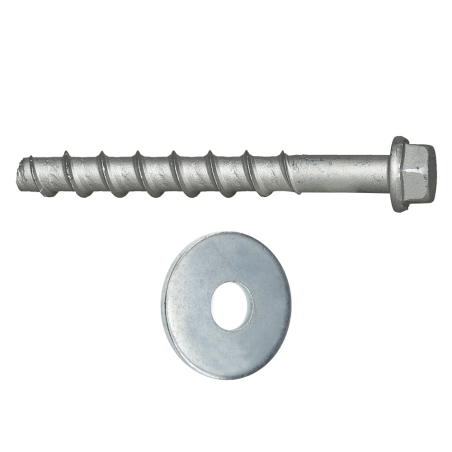 Product image of concrete screw BTS B with hex head and zinc flake coating with washer for woodworking according to DIN 440