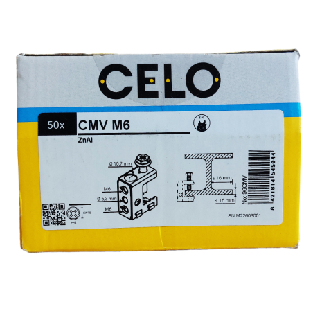 Packaging photo of box containing 50 pieces of CMV M6 ZnAl, front view with label Packaging photo of box containing 50 pieces of CMV M6 ZnAl, front view with label