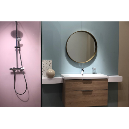 Application image of plug FX: mirror, bathroom cabinet and shower armature in the bathroom