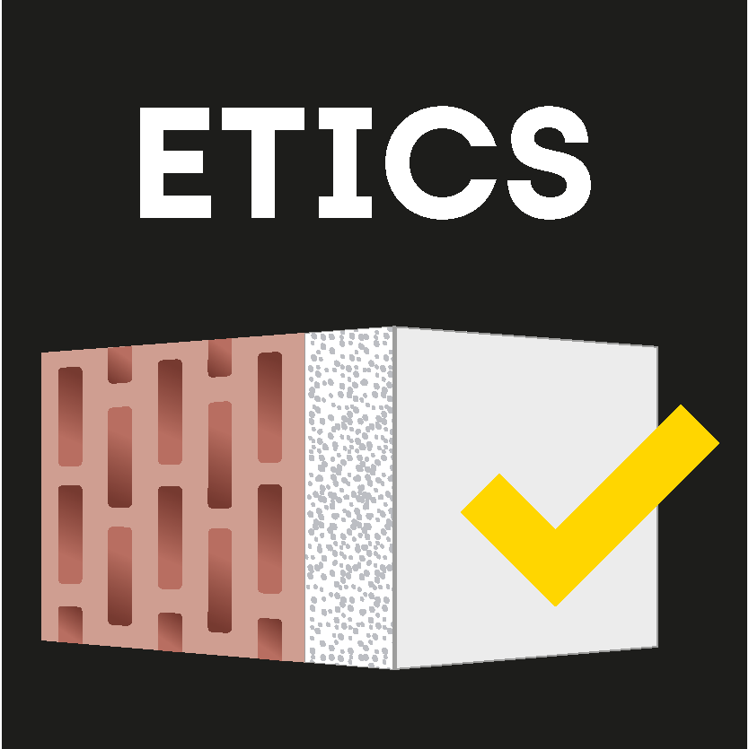 black square, in which there is a graphically depicted vertically perforated brick behind an ETICS insulation. There is a yellow checkmark on it.