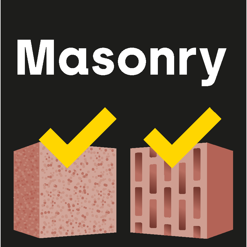 Black square with two graphically depicted masonry bricks on it one perforated brick and one solid brick. Above both is a yellow checkmark.