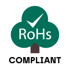 Symbol of a tree in the upper dark green part of the tree is RoHs in white with a white checkmark above it. Under the tree in black is COMPLIANT