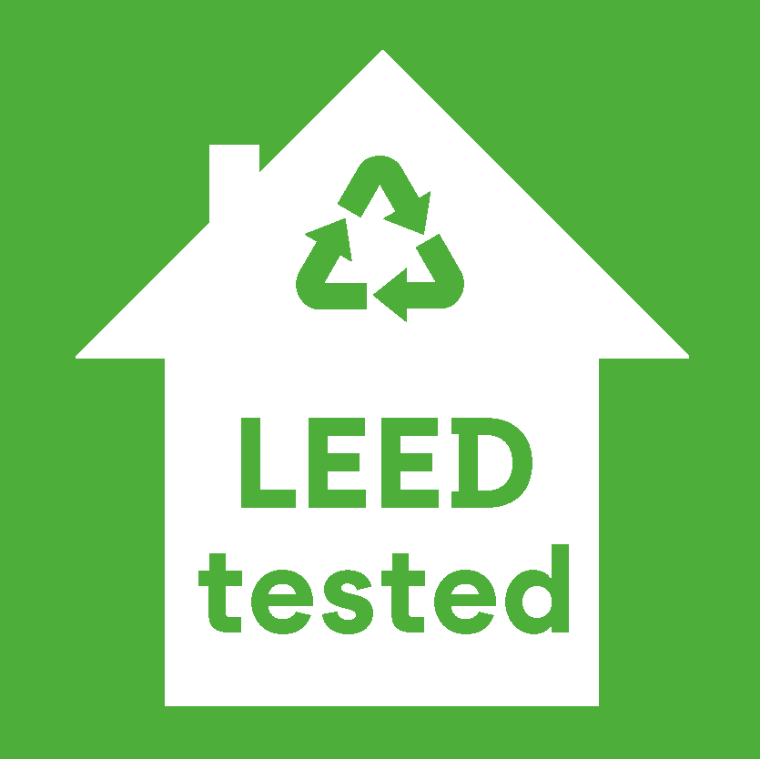 Green square with a white house in the middle, with LEED tested written in green letters, above which is a founding circle of arrows that resembles the recycling symbol.