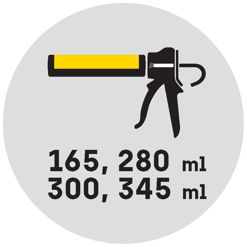 grey circle with a graphic representation of a dispenser, underneath in black writing the possible cartridge size(s) for which the squeeze gun can be used, in the example 165, 280, 300 and 345 ml.