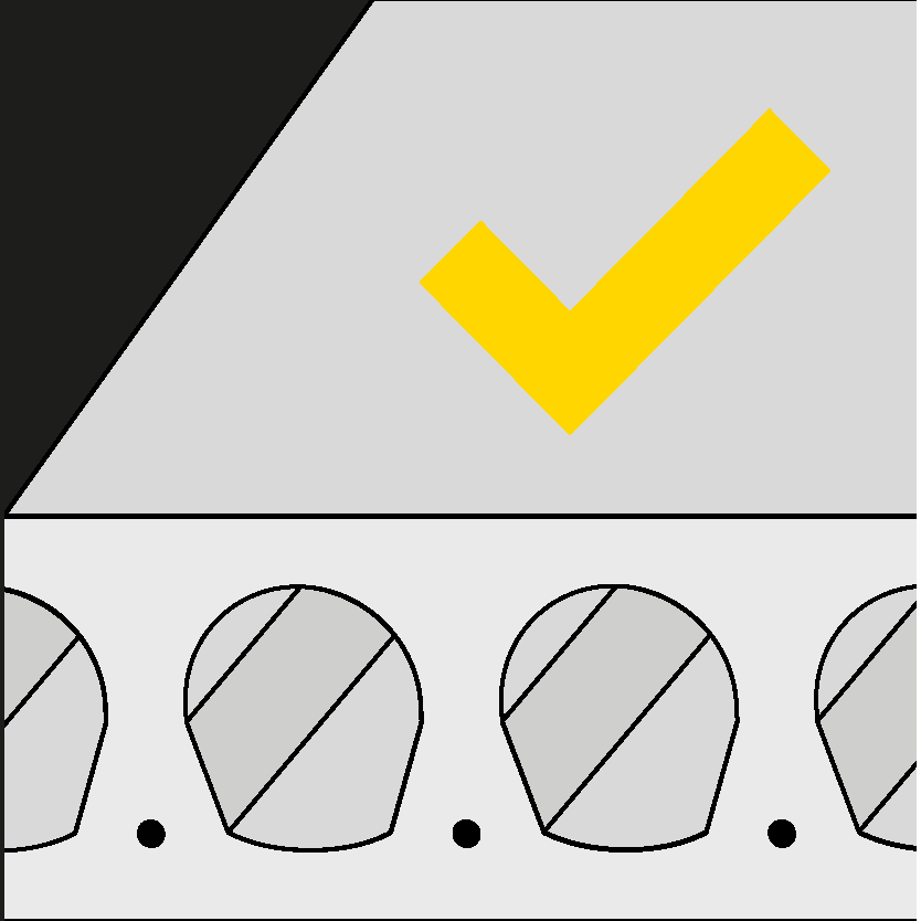 Graphic reproduction of a prestressed concrete slab, with a yellow checkmark above it, symbolising that the product is approved for this purpose.