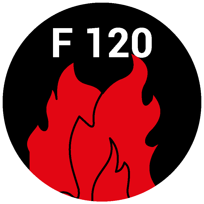 Black circle with red flames on it and white text F 120. The 120 here stands for 120 minutes.