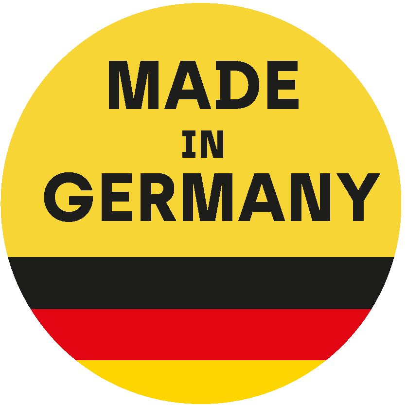 Yellow circle, the lower third of which is in the colours of the German flag (black, red, yellow), above which is written in black MADE IN GERMANY.