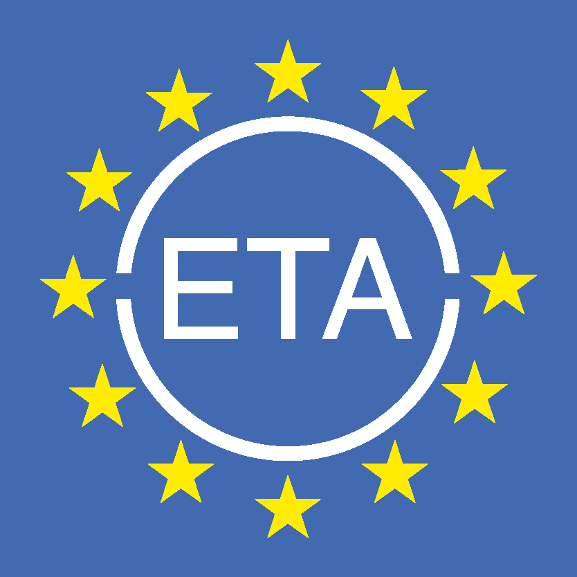 Symbol for ETA-rated products, white circle with ETA lettering in the centre and yellow stars around it on a blue background. This symbol is intended to reflect the technical suitability of the product, which is widely accepted in Europe.