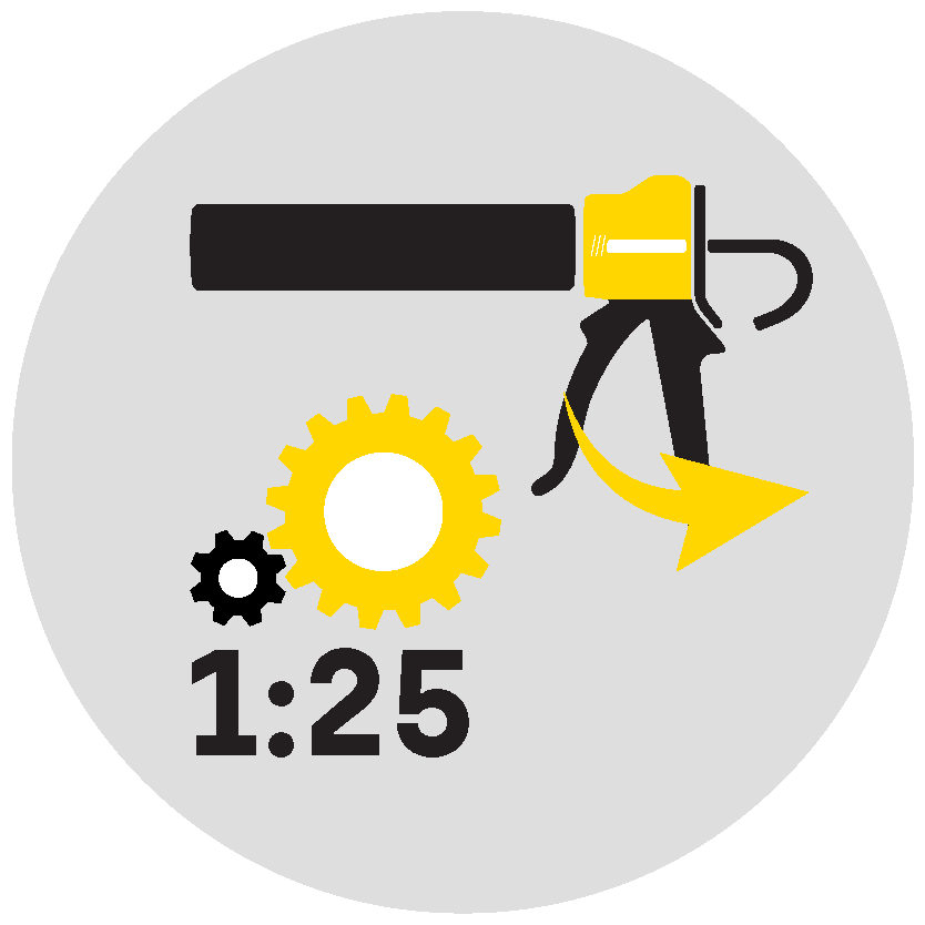 grey circle with a graphically depicted dispenser inside and two gear wheels under which the inscription 1:25 can be seen in black.