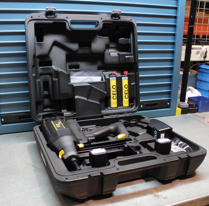 FOX gas nailer product toolbox opened view with all the accessory